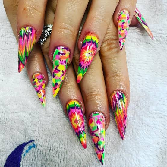 Extra-Long Tie-Dye Stilettos Extra-Long Tie-Dye Stilettos — Rainbow Rave Nails 2027
