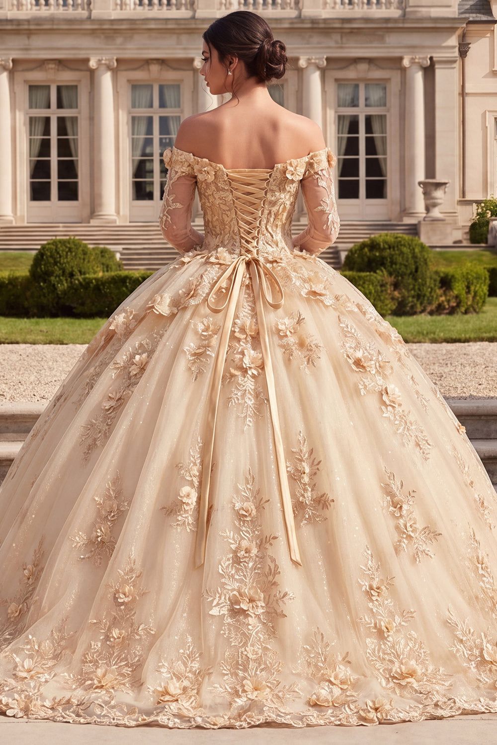 Champagne Long-Sleeved Ball Gown with 3D Floral Appliqués and Corset Back — Champagne Quinceanera Dress 2027