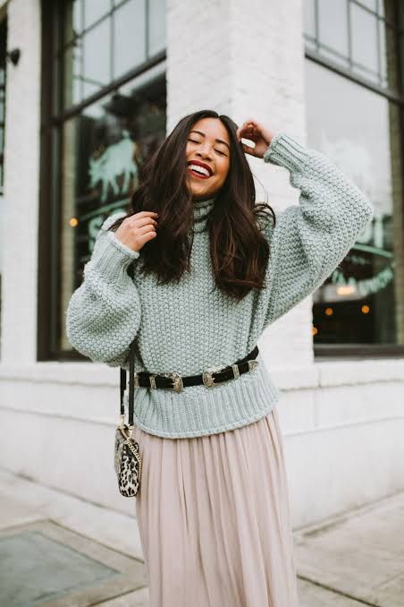 Chunky Light Blue Knit Sweater with Pleated Midi Skirt Chunky Light Blue Knit Sweater with Pleated Midi Skirt — Winter Blue Outfits 2027