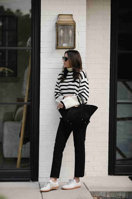 Striped Knit Sweater over White Collared Shirt — Black and White Outfits 2027