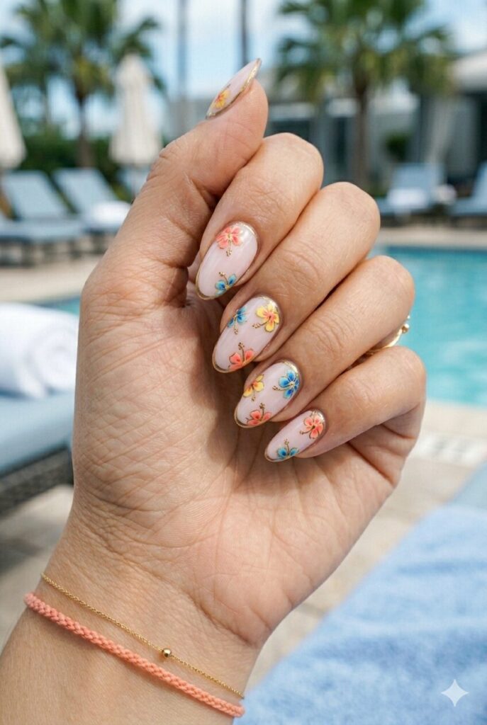 Pastel Floral Gold Foil Almond Nails Pastel Floral Gold Foil Almond Nails — Summer Almond Nails 2027