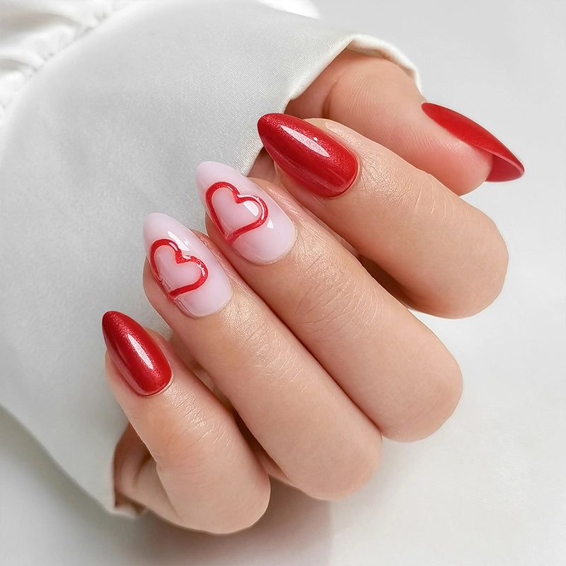 Glossy Red Heart French Almond Nails Glossy Red Heart French Almond Nails — Love Nails 2027