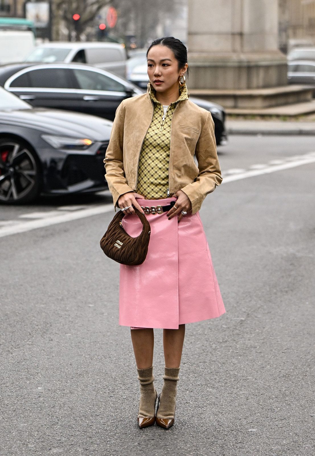 Tan Ribbed Socks with Suede Bomber Jacket and Patent Skirt — Socks 2027 with Heels Outfits