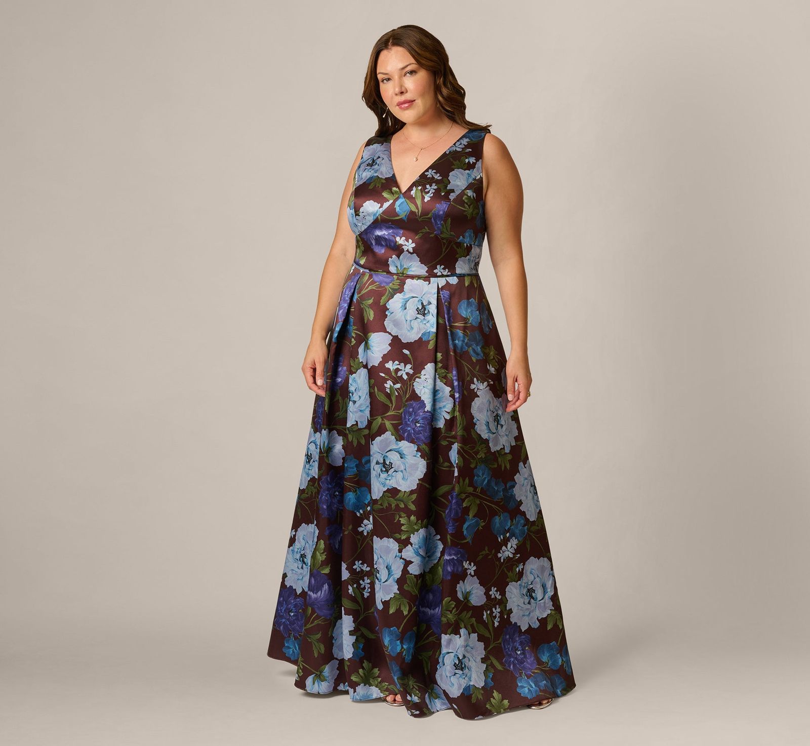 Brown Satin Maxi Dress with Blue Floral Print Brown Satin Maxi Dress with Blue Floral Print — Bridal Shower Dress 2027 for Guest