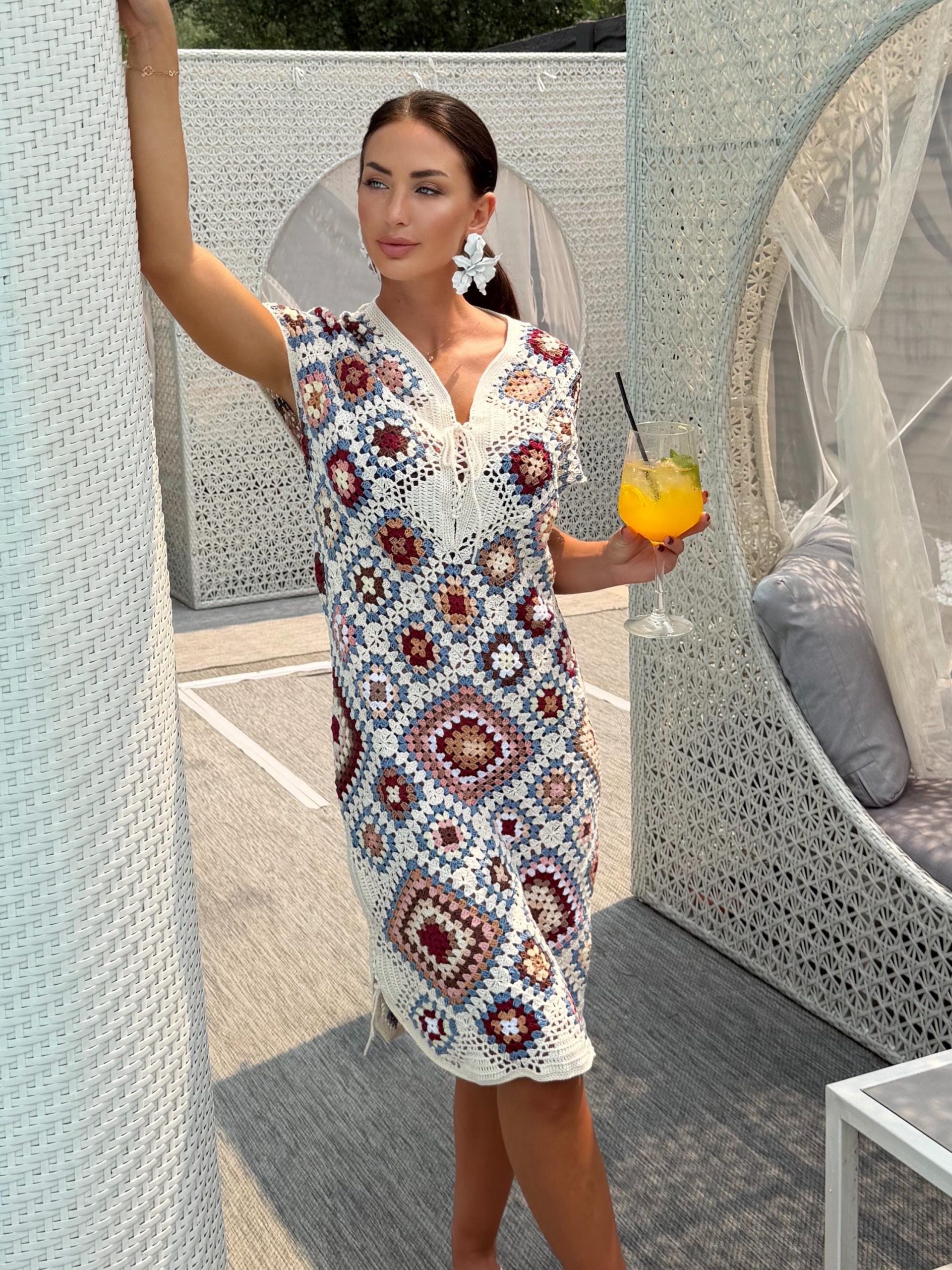 Cream Crochet Dress with Multicolored Geometric Squares Cream Crochet Dress with Multicolored Geometric Squares — Boho Crochet Outfits 2027