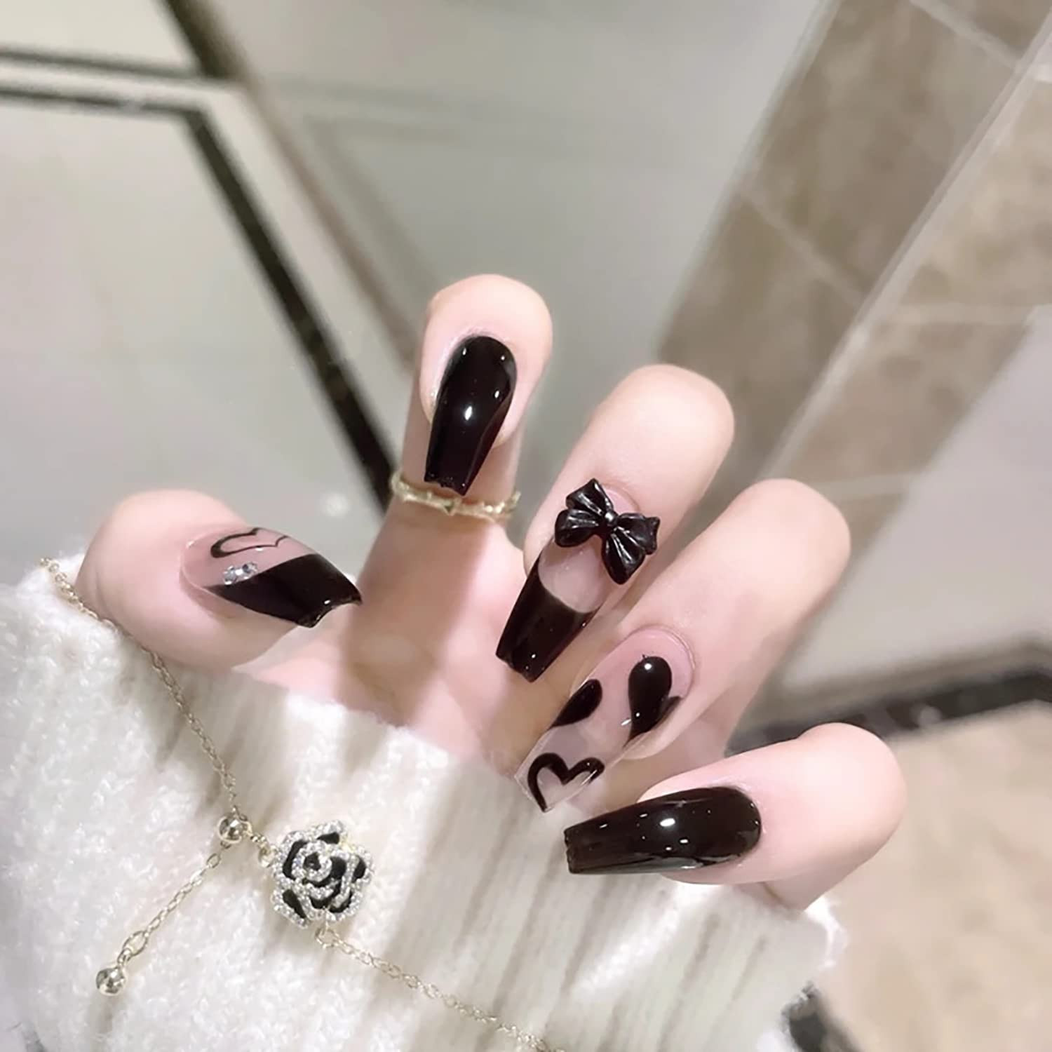 Pink Black Heart Bow Coffin Nails Pink Black Heart Bow Coffin Nails — Short Heart Coffin Nails 2027