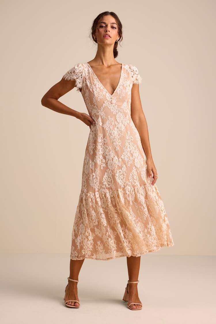 Blush and Ivory Lace Midi Dress with Tiered Hem Blush and Ivory Lace Midi Dress with Tiered Hem — Blush Rehearsal Dinner Dress 2027