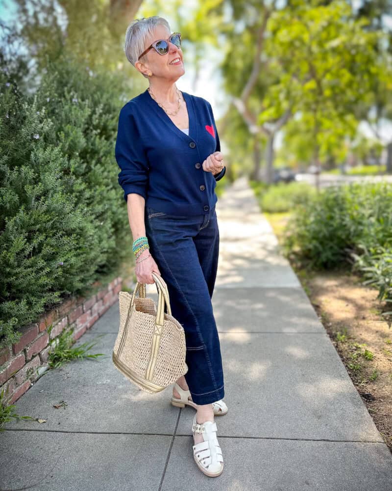 Dark Wash Wide-Leg Jeans Styled with a Navy Cardigan Featuring Red Heart Details Dark Wash Wide-Leg Jeans Styled with a Navy Cardigan Featuring Red Heart Details — Spring Outfits 2027 with Jeans