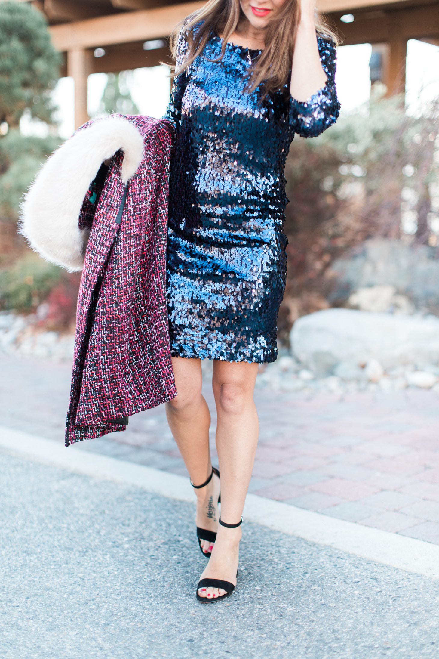 Sparkling Blue Sequined Dress with Tweed Coat — Gatsby Outfits 2027