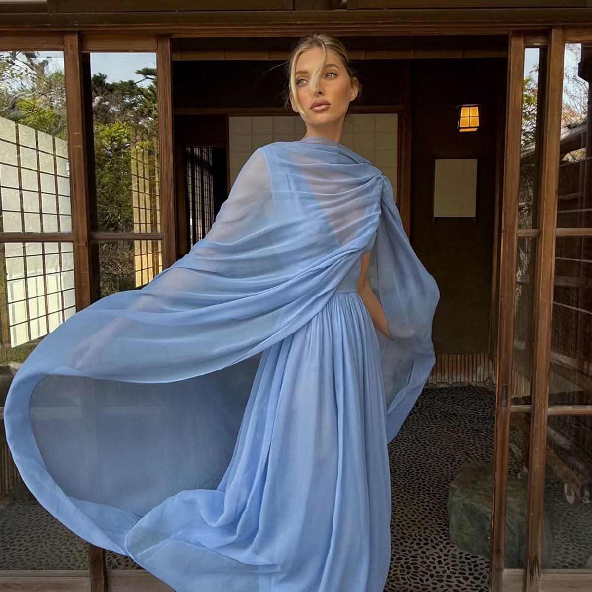 Light Blue Chiffon Maxi With Cape Overlay Light Blue Chiffon Maxi With Cape Overlay — Sweet 16 Guest Outfits 2027
