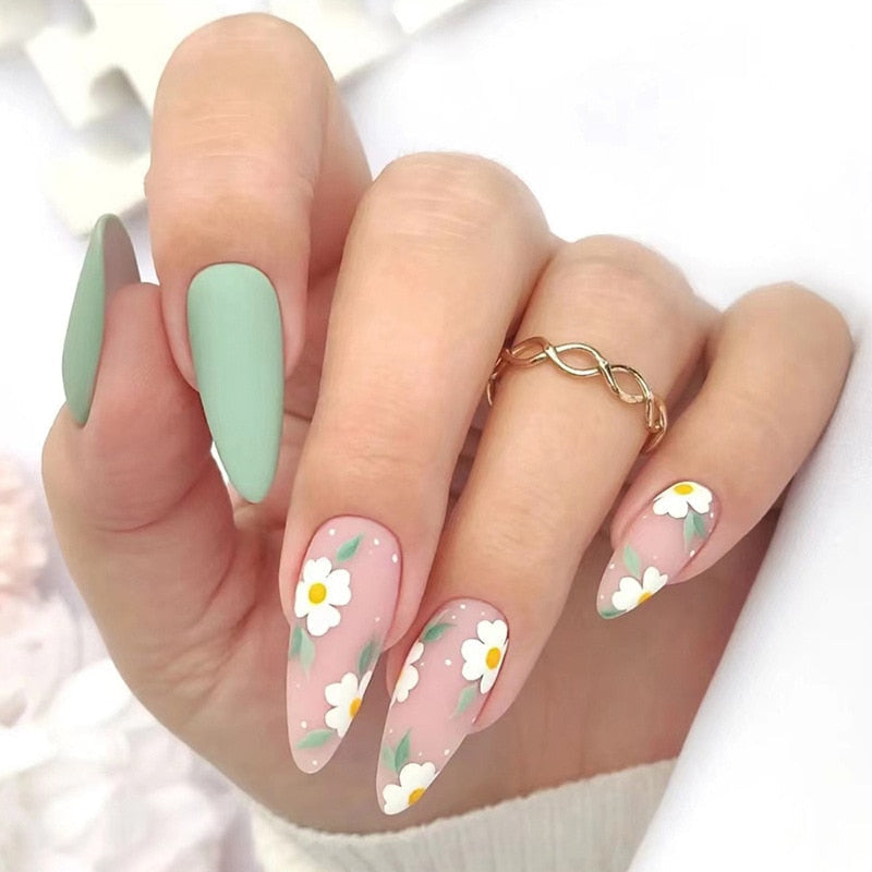 Matte Mint Green and Glossy Daisy Nails Matte Mint Green and Glossy Daisy Nails — Wildflower Flower Nails 2027
