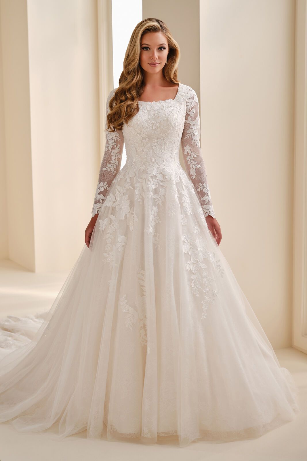 White Ballgown with Square Neckline and Intricate Lace Long Sleeves White Ballgown with Square Neckline and Intricate Lace Long Sleeves — Square Neck Wedding Dresses 2027