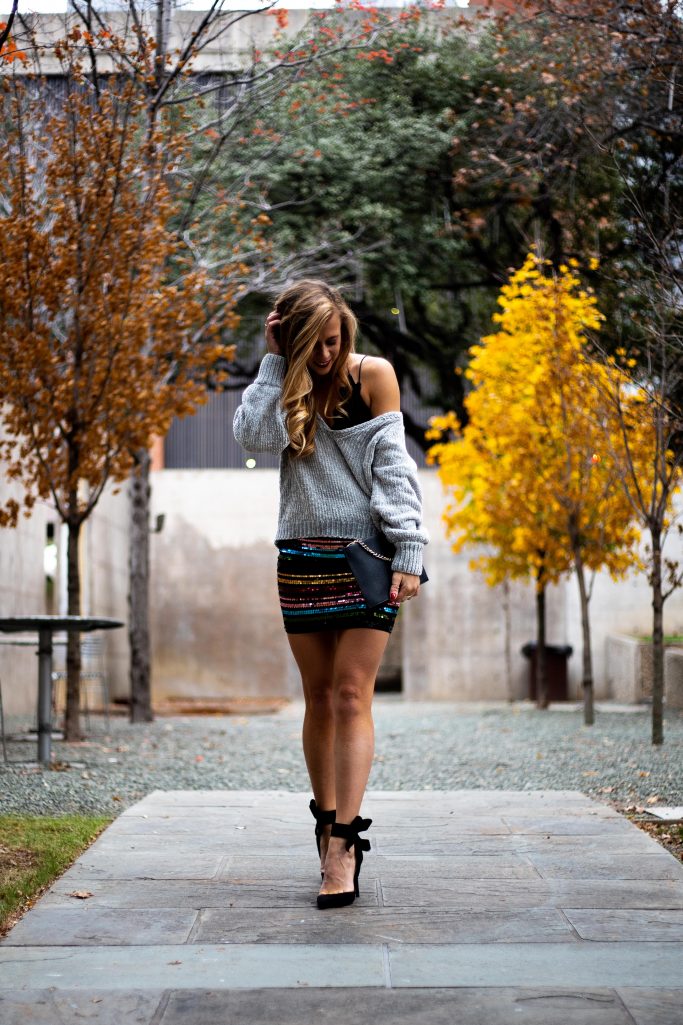 Multi-Colored Sequin Mini Skirt with Oversized Sweater for NYE Multi-Colored Sequin Mini Skirt with Oversized Sweater for NYE — Sequin New Years Eve Outfits 2027