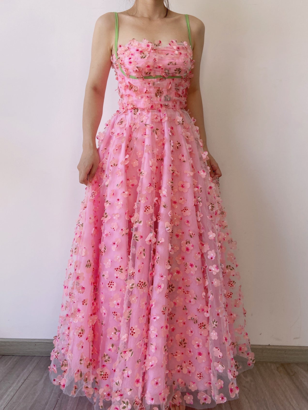 Bright Pink Strapless Gown with 3D Floral Appliqués — Fairycore Outfits 2027