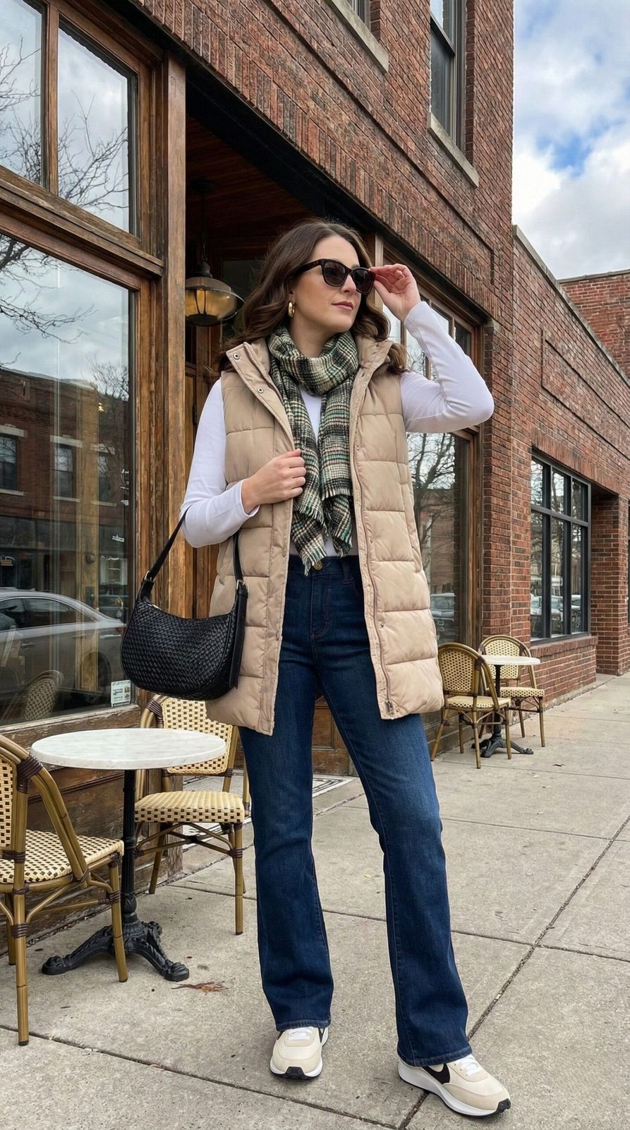 Layered Beige Puffer Vest with Flared Jeans — Puffer Bag Outfits 2027