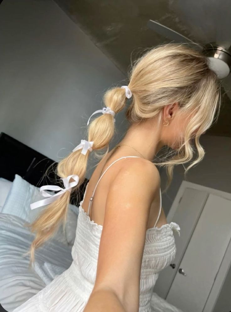 Blonde Bubble Ponytail With Multiple Bows Blonde Bubble Ponytail With Multiple Bows — Coquette Ponytail Hairstyles 2027