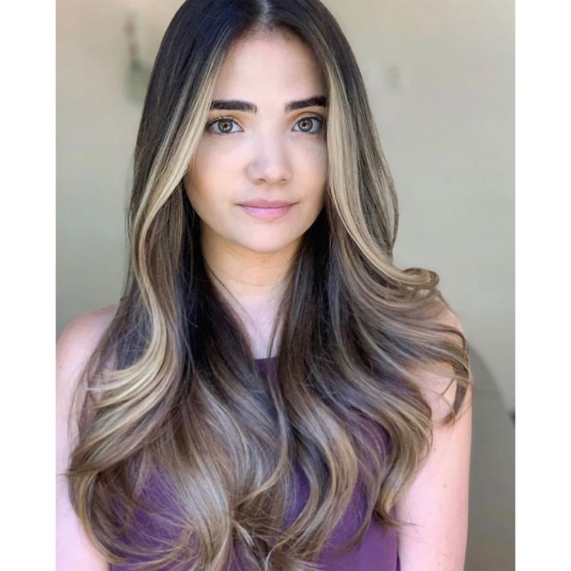 Dark Brown Hair With Blonde Balayage And Curtain Bangs Dark Brown Hair With Blonde Balayage And Curtain Bangs — Hair Color 2027 for Square Face