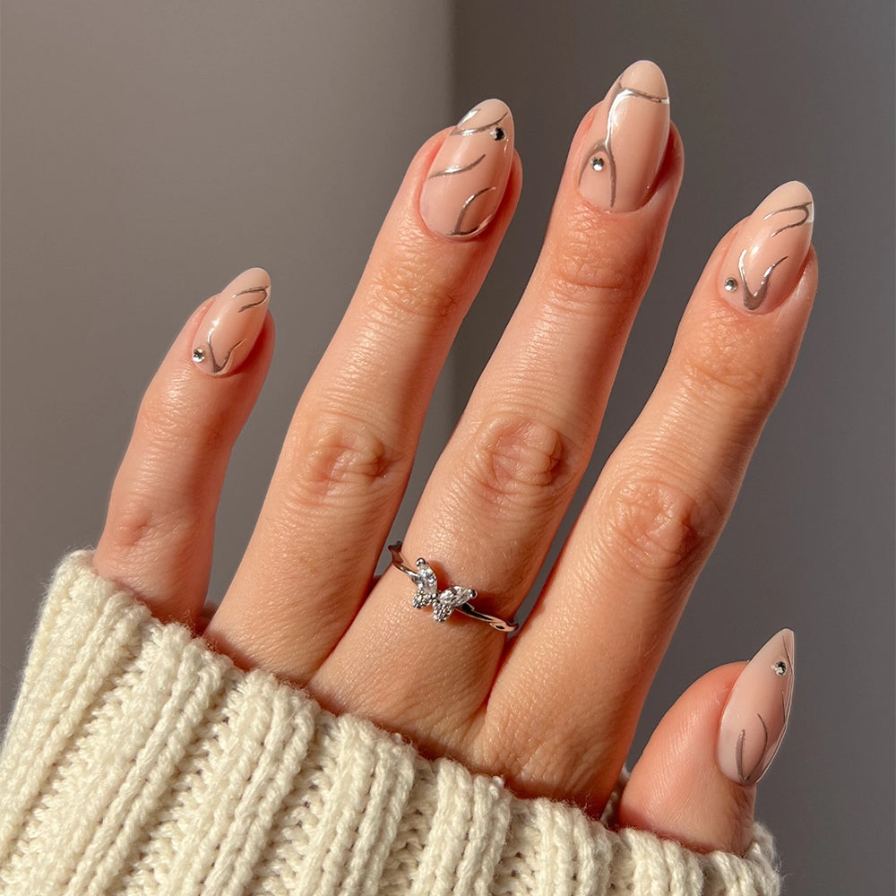 Minimalist Silver Butterfly Line Almonds — Short Butterfly Almond Nails 2027