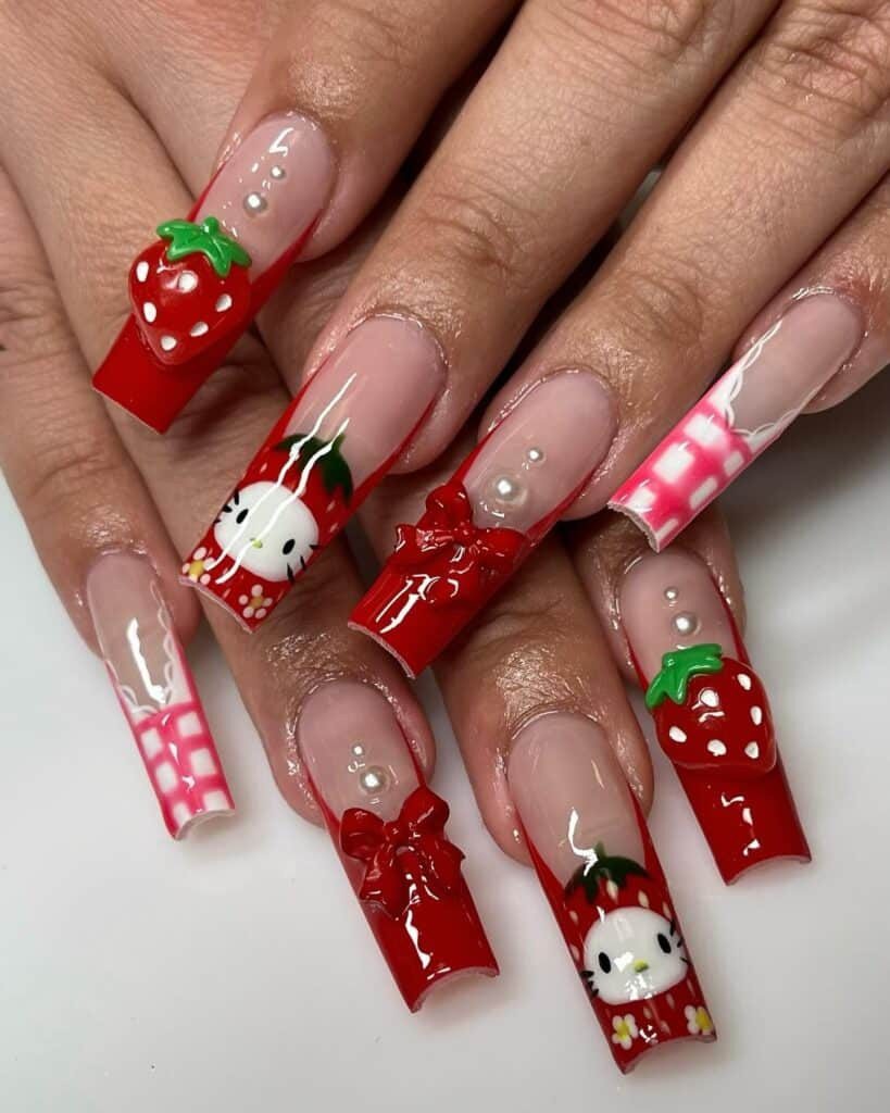 Long Coffin Hello Kitty Strawberry French — Red Hello Kitty Nails 2027