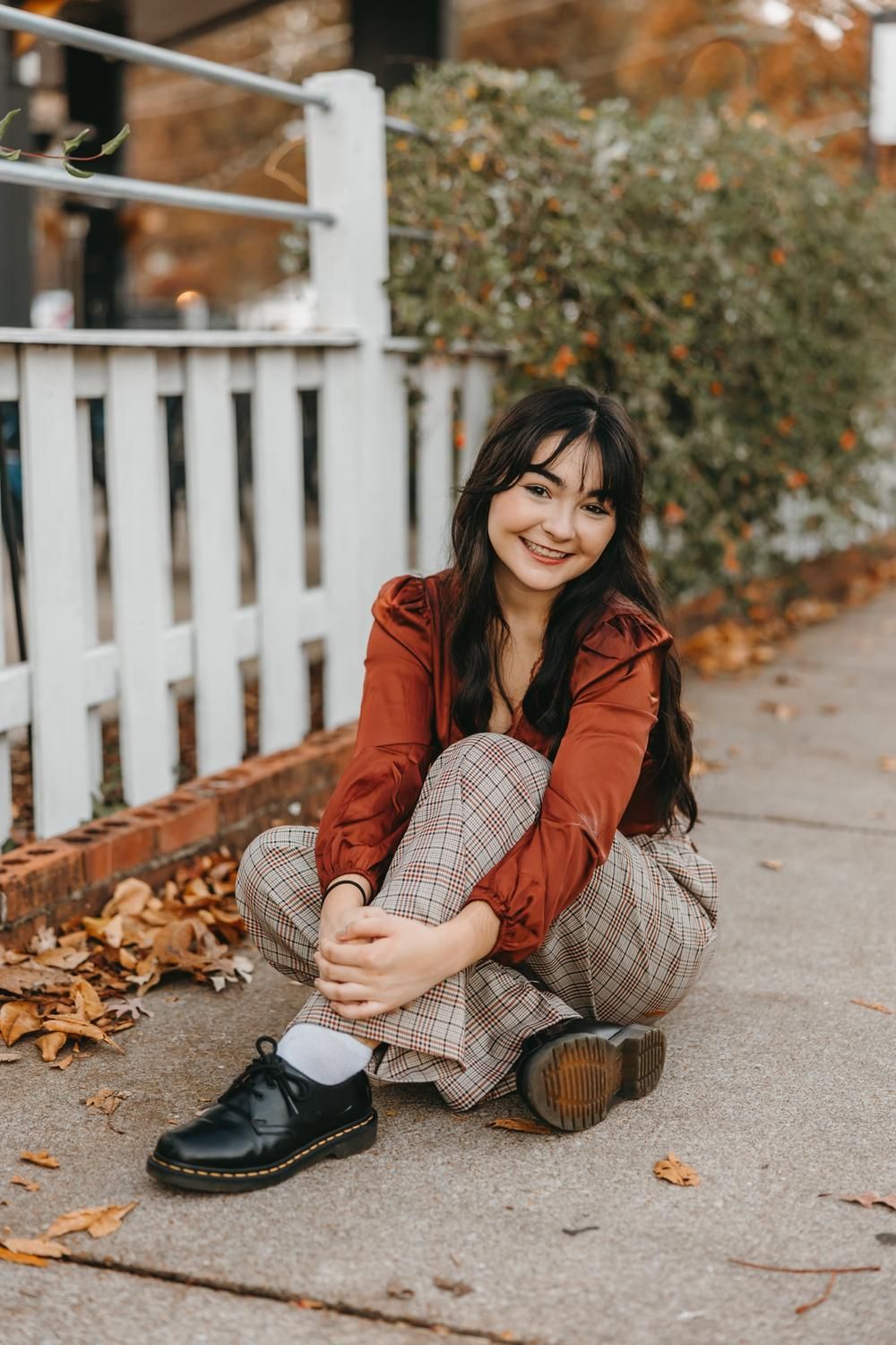 Autumnal Elegance: Satin Blouse, Plaid Trousers, and Derby Shoes Autumnal Elegance: Satin Blouse, Plaid Trousers, and Derby Shoes — Senior Photo Outfits 2027