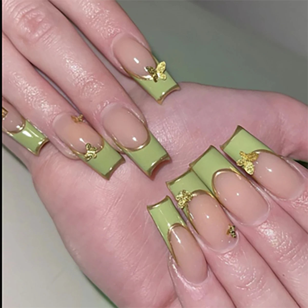 Light Green French with Gold Butterfly Charms Light Green French with Gold Butterfly Charms — Short Butterfly Coffin Nails 2027