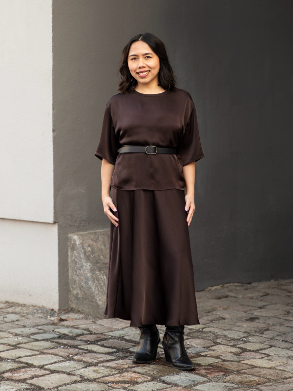 Monochromatic Brown Satin Set with Belted Waist — Satin Top Outfits 2027