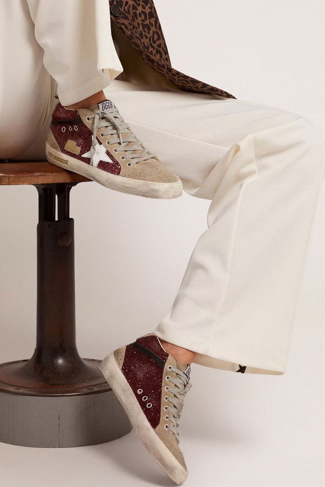 High-Top Glitter Sneakers with Wide-Leg Trousers High-Top Glitter Sneakers with Wide-Leg Trousers — Golden Goose Outfits 2027