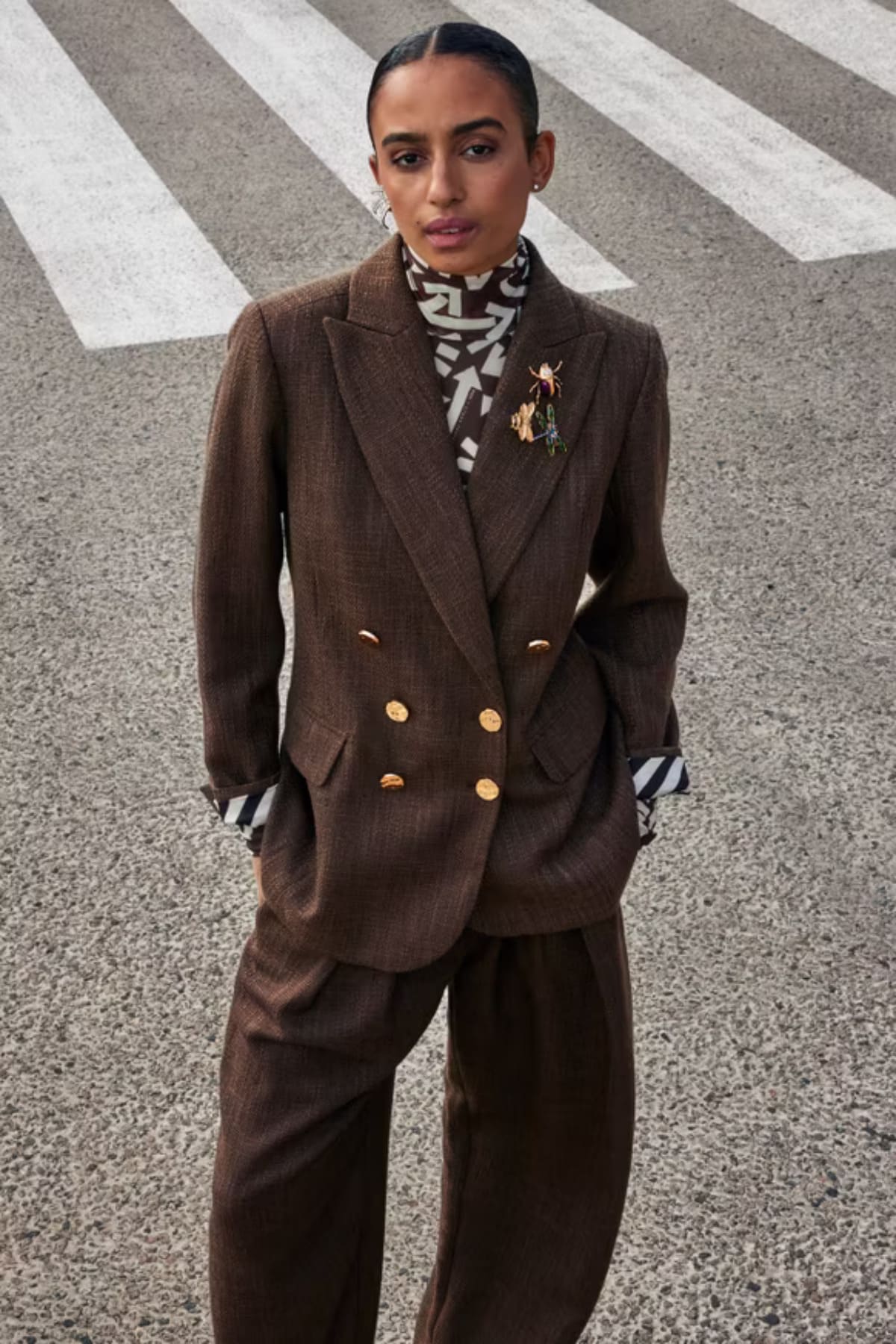 Brown Double-Breasted Blazer and Striped Shirt Brown Double-Breasted Blazer and Striped Shirt — Glamoratti Outfits 2027