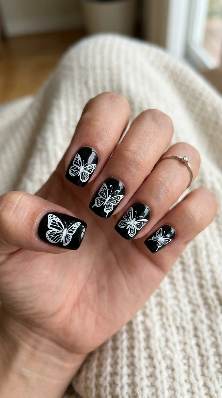 Crisp White Butterfly Decals on Black Crisp White Butterfly Decals on Black — Short Butterfly Round Nails 2027