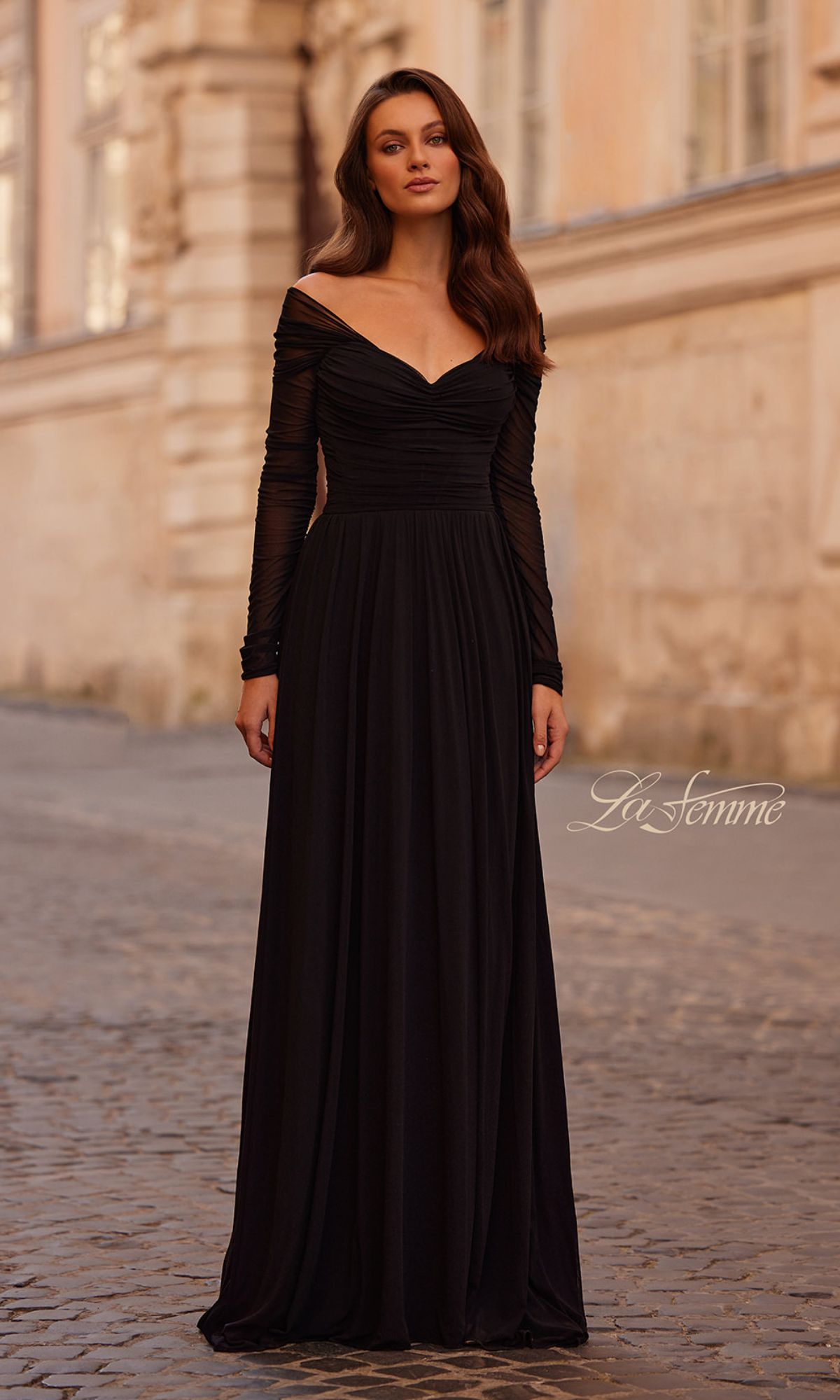 Chiffon Dress with Off-Shoulder Neckline and Ruched Sleeves Chiffon Dress with Off-Shoulder Neckline and Ruched Sleeves — Black Tie Dresses 2027