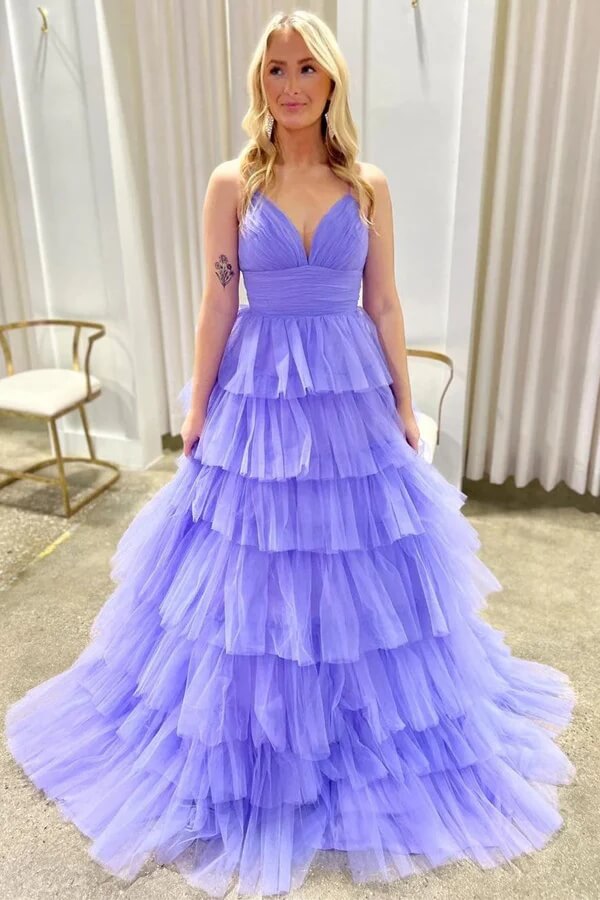 Lavender A-Line Prom Dress with Cascading Tiered Ruffles Lavender A-Line Prom Dress with Cascading Tiered Ruffles — Purple Prom Dresses 2027