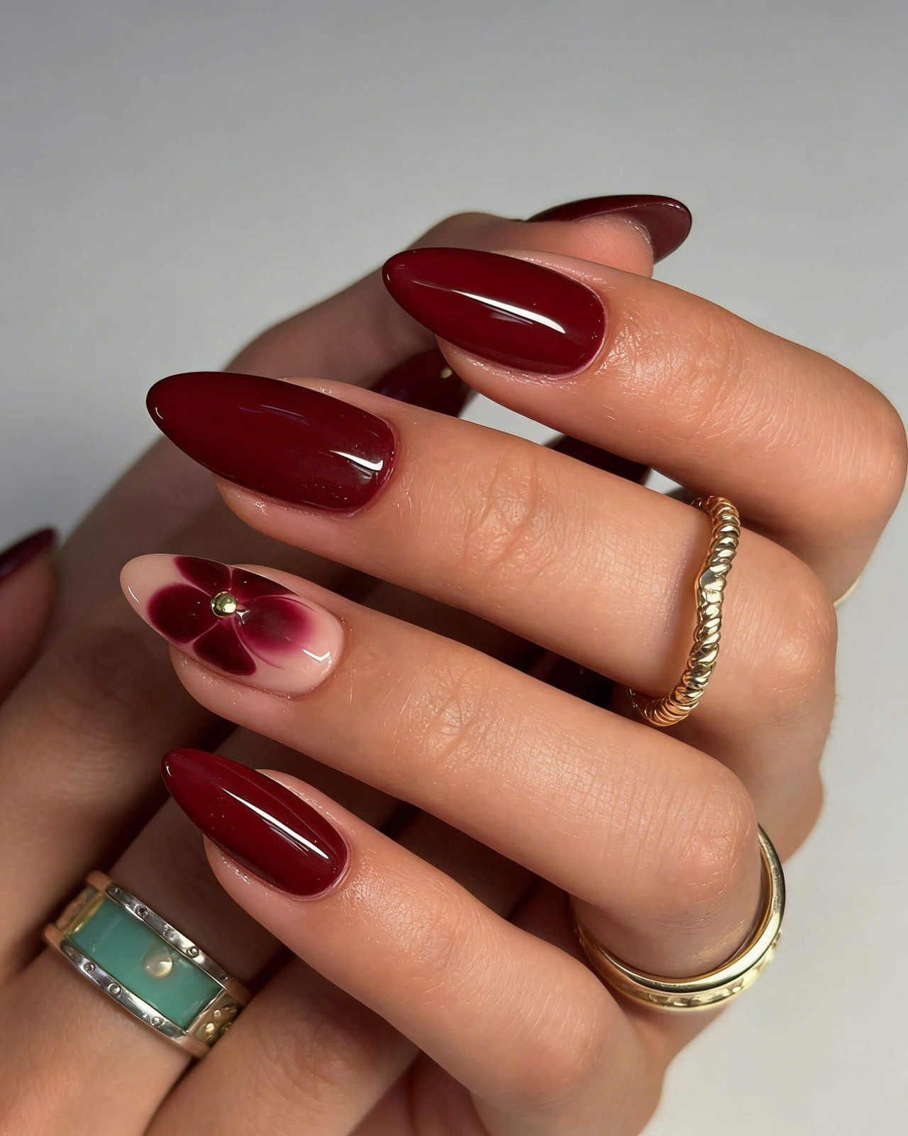 Dark Red Floral Accent Long Almond Nails Dark Red Floral Accent Long Almond Nails — Dark Red Nails 2027