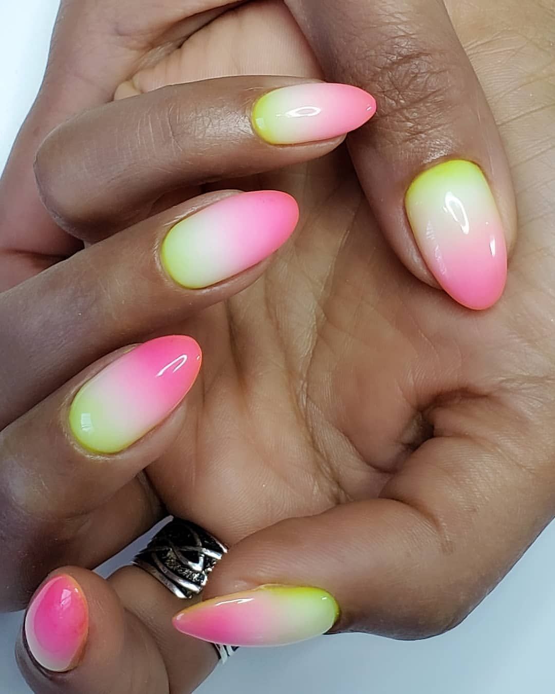 Neon Pink White Yellow Almond Ombre Neon Pink White Yellow Almond Ombre — Neon Ombre Nails 2027