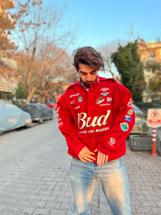 Oversized Red Racing Jacket with White Tee and Fitted Pants — NASCAR Outfits 2027