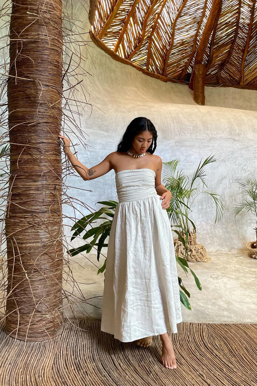 Effortless Beige Strapless Maxi Dress for Beach Days — Cancun Outfits 2027