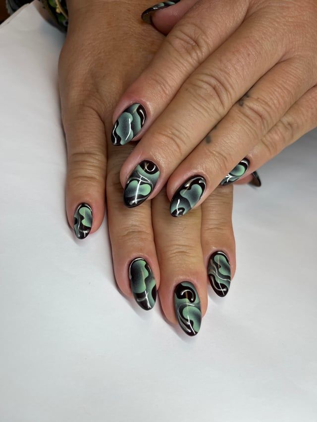 Moody Dark Green Black Swirl Nails Moody Dark Green Black Swirl Nails — Airbrush Nails 2027