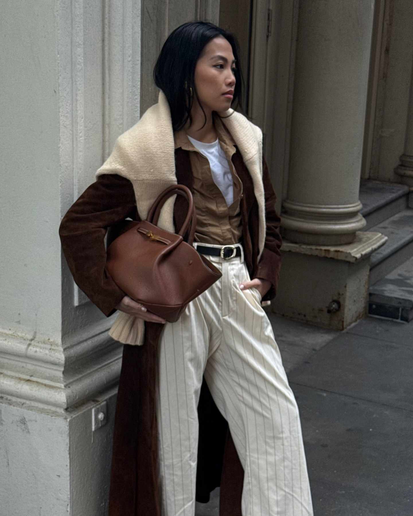 Autumn Layers: Suede Duster Coat with Wide-Leg Trousers Autumn Layers: Suede Duster Coat with Wide-Leg Trousers — Mom Outfits 2027