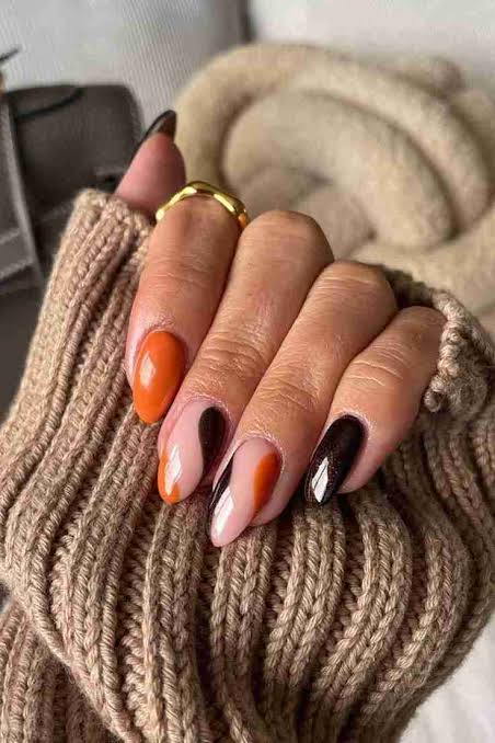 Black and Earth Tone Color Block — Simple Thanksgiving Nails 2026