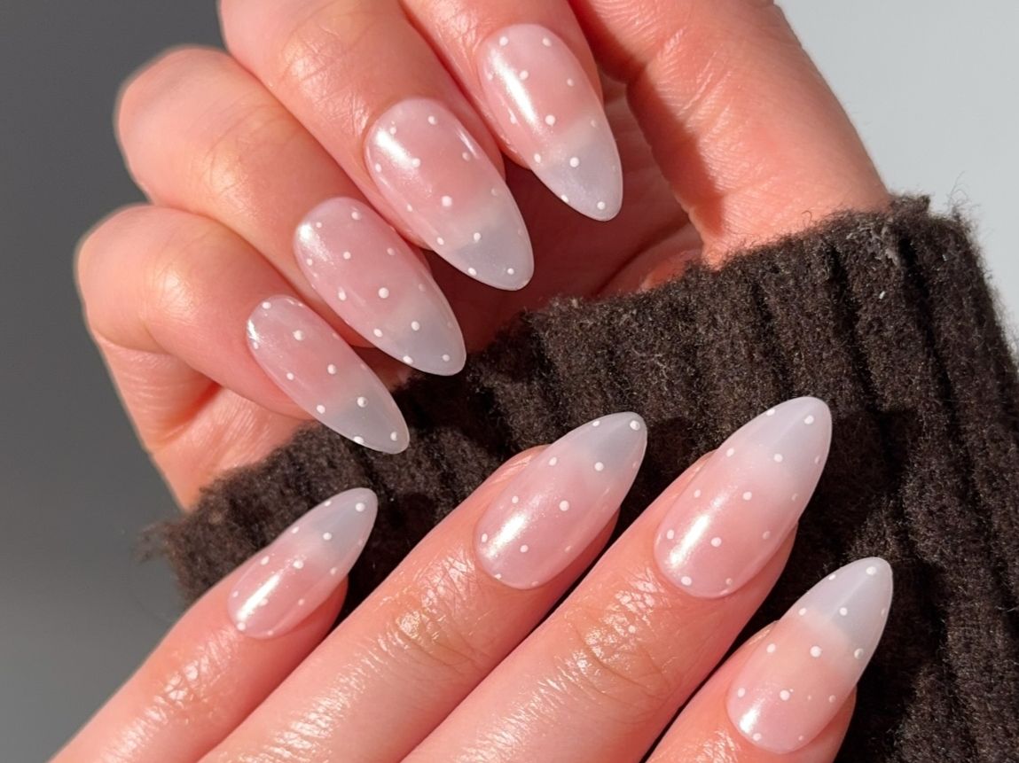 Sheer White Pink Gradient with White Polka Dots Almonds Sheer White Pink Gradient with White Polka Dots Almonds — Long Almond Nails 2027