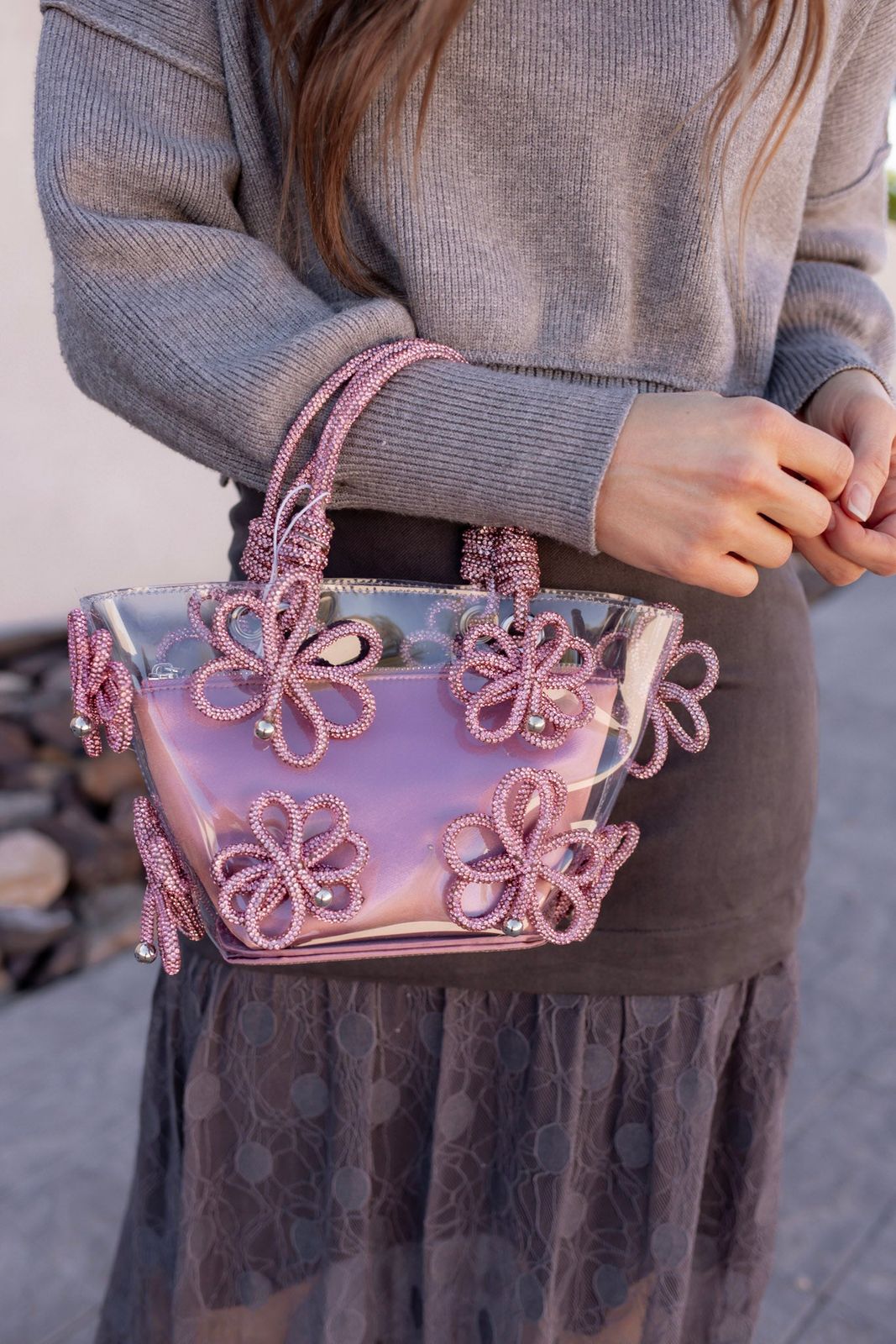 Grey Knit Sweater and Skirt with a Crystal Embellished Clear Bag — Clear Bag Outfits 2027