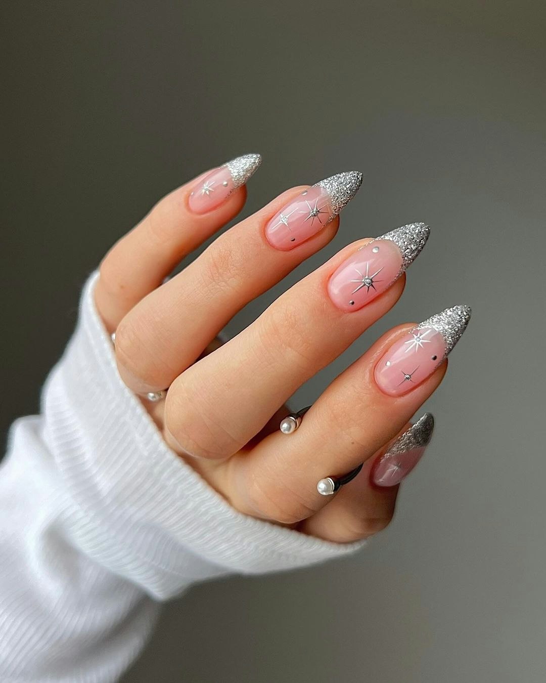 Silver Glitter Starburst French Tips — Cozy Winter Nails 2027