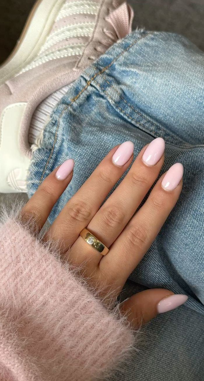 Uniform Light Milky Pink Almonds — Almond Nails 2027 for Chubby Fingers