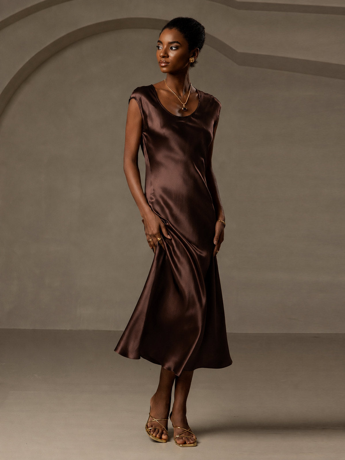 Brown Silk Cap Sleeve Midi Dress for Versatile Styling — Silk Dresses 2027