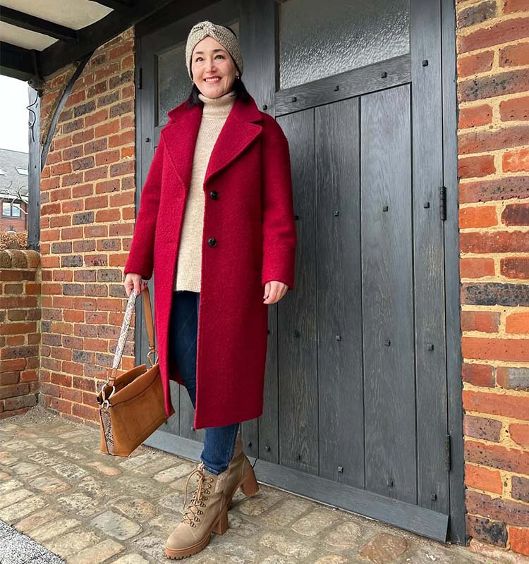 Long Red Wool Coat Over Beige and Denim Long Red Wool Coat Over Beige and Denim — Winter Colorful Outfits 2027