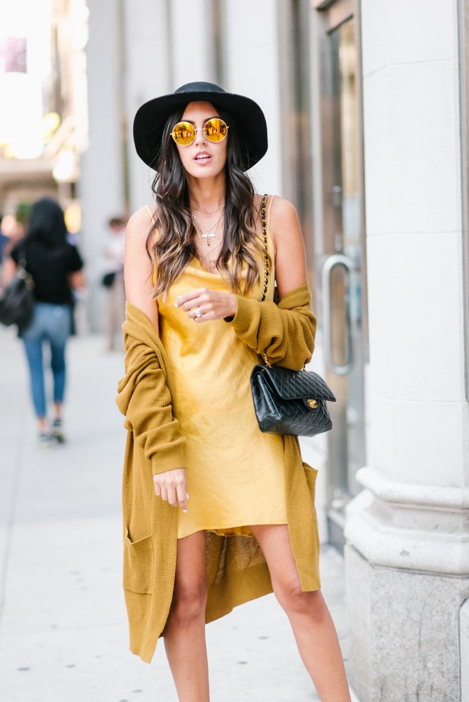 Chic Casual Mustard Slip Dress with Long Cardigan and Hat — Mustard Outfits 2027