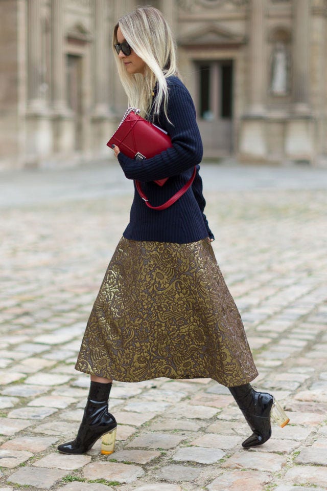 Casual Chic: Gold Metallic Brocade Skirt with Knitwear — Metallic Outfits 2027