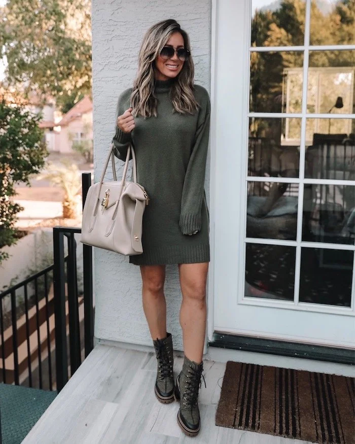 Combat Boots with Olive Green Sweater Dress Combat Boots with Olive Green Sweater Dress — Sweater Dress Outfits 2027