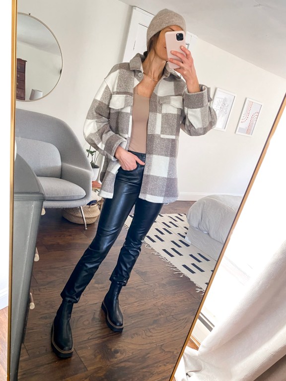 Modern Shacket Style: Black Leather Pants with Plaid Shacket Modern Shacket Style: Black Leather Pants with Plaid Shacket — Leather Pants Outfits 2027