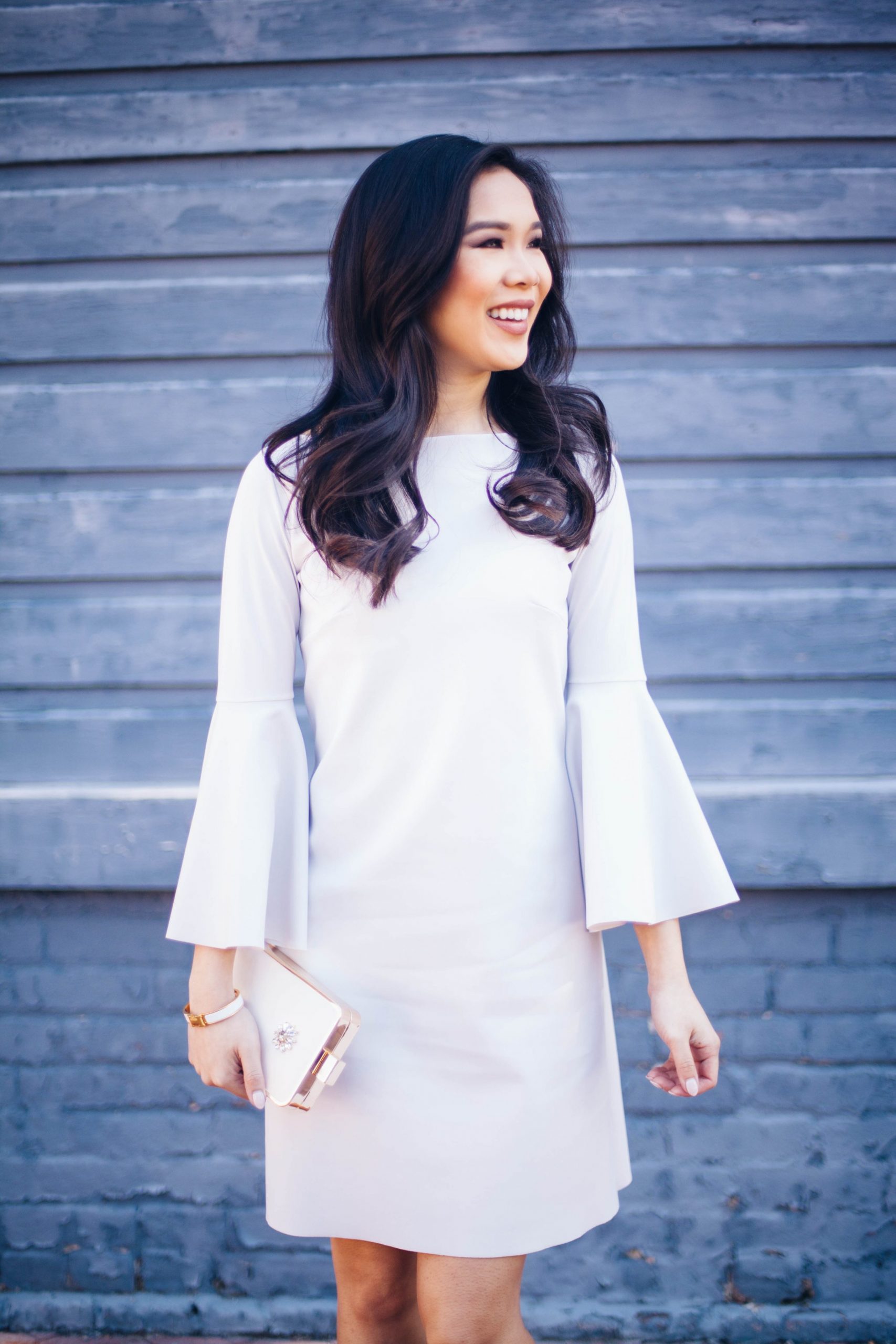 White Shift Dress with Dramatic Bell Sleeves and Gold Accents White Shift Dress with Dramatic Bell Sleeves and Gold Accents — Puff Sleeve Dress Outfits 2027