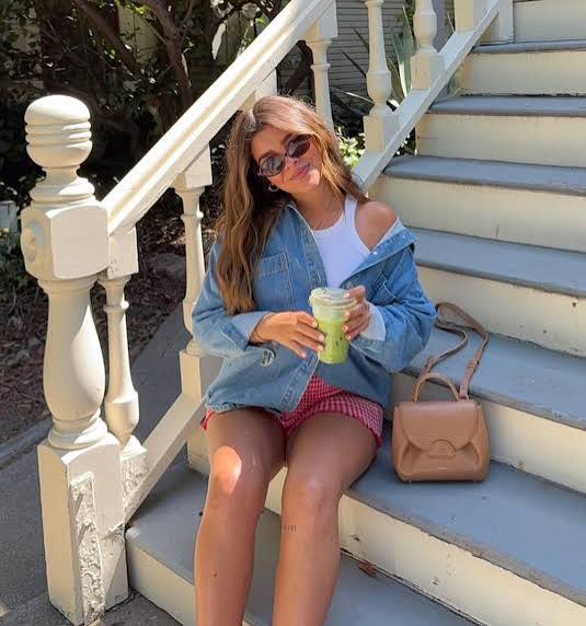 Denim Jacket and Pink Shorts with Tan Crossbody — Spring Denim Shorts Outfits 2027